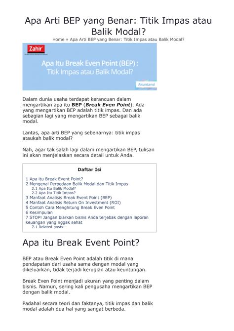 Titik Impas atau Balik Modal - Apa Arti BEP yang Benar: Titik Impas