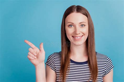 Portrait Of Positive Pretty Reliable Girl Direct Finger Empty Space