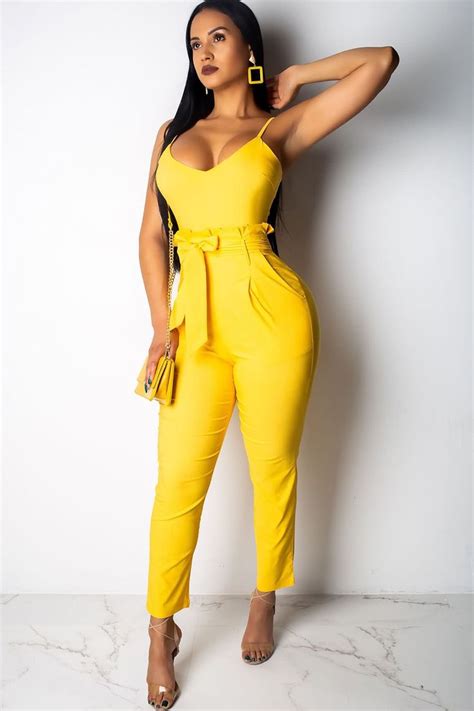 women yellow spaghetti straps belt high waist pocket casual jumpsuit