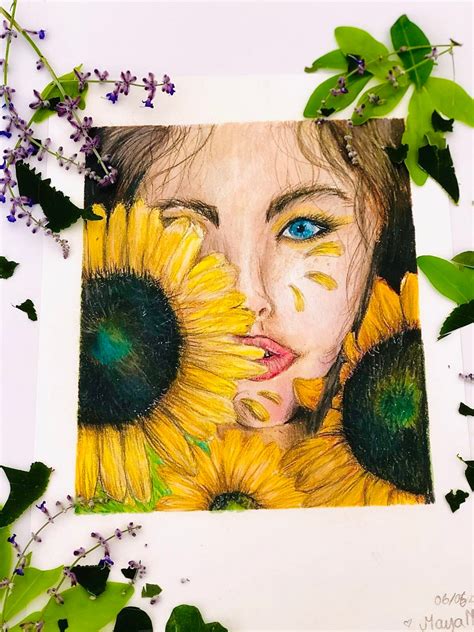 Sunflower Girl Drawing Print Etsy