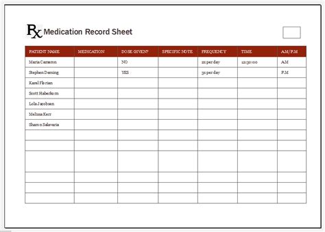 Sample Medication Record Form Templates Printable