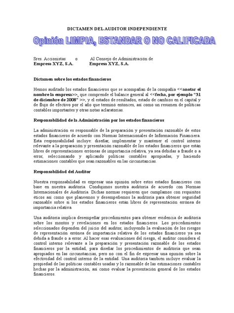 Dictamen Con Opinion Limpia Pdf Auditoría Financiera Contralor