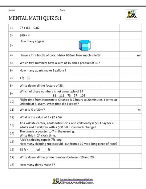 Mental Math Worksheet Grade 5