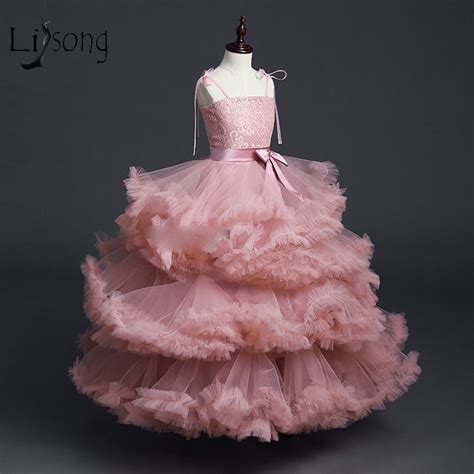 Pretty 2018 Dusty Pink Tutu Pageant Dresses For Girls Lace Bow Long