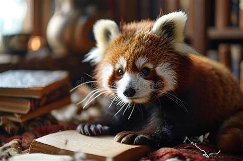 AI Generated Illustration of a Cute Red Panda Reading a Book Stock