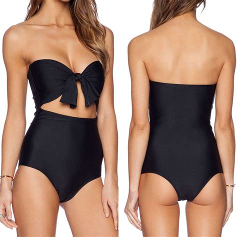 Sexy Black Strapless Monokinis Thong One Piece Swimsuit 2015 Cut Out