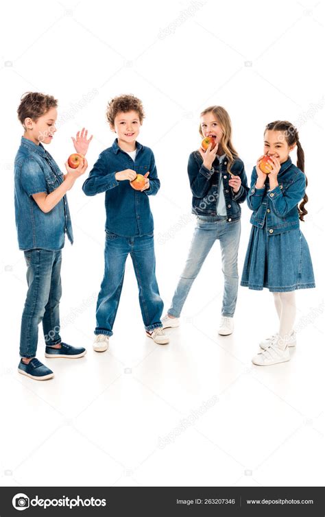 Full Length View Children Denim Clothes Eating Apples White — Stock