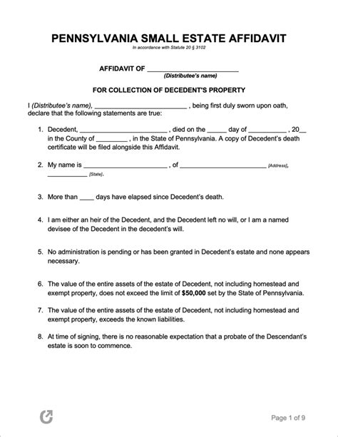 Pennsylvania No Minors Estate Affidavit Form PrintableAffidavitForm Com