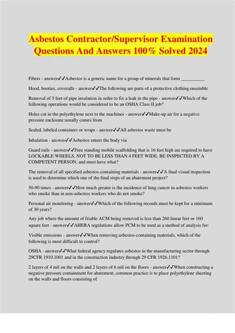 Asbestos Contractor/Supervisor Examination Questions And Answers 100%
