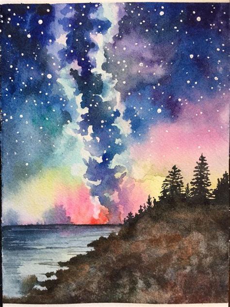 Milky Way Sunset Forest Original Watercolor Painting Watercolor