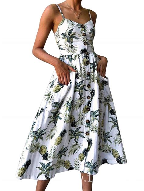 Swqzvt Womens Dress Summer Spaghetti Strap Sundress Casual Floral Midi Backless Button Up Swing