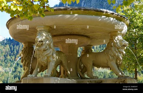 Beautiful Water Fountain With Royal Bavarian Lions In The Garden Of