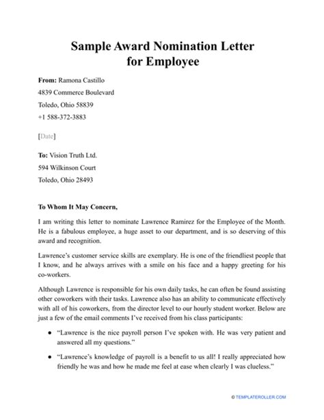 Sample Award Nomination Letter For Employee Fill Out Sign Online And