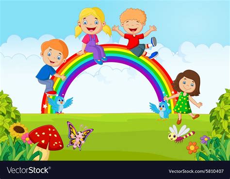 Illustration Of Cartoon Happy Kids Sitting On Rainbow On The Forest