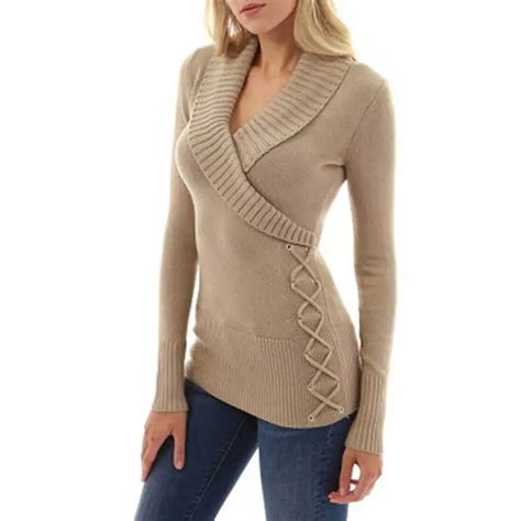 Sexy Cross V Neck Women Sweater Solid Color Khaki Side Lace Up Knitted Pullover Sweater For