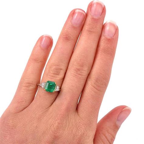 Asscher Cut Colombian Emerald Diamond Three Stone Platinum Ring At