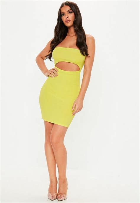 Lime Green Ribbed Cut Out Bandeau Mini Dress Missguided