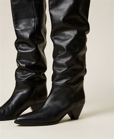 Thigh High Nappa Boots With Cone Shaped Heel