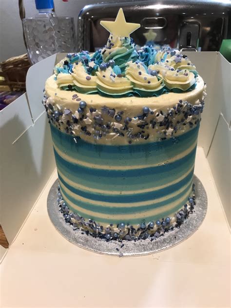 Buttercream Cake Blue Stripes Sprinkles Birthday Cake For Boys Men