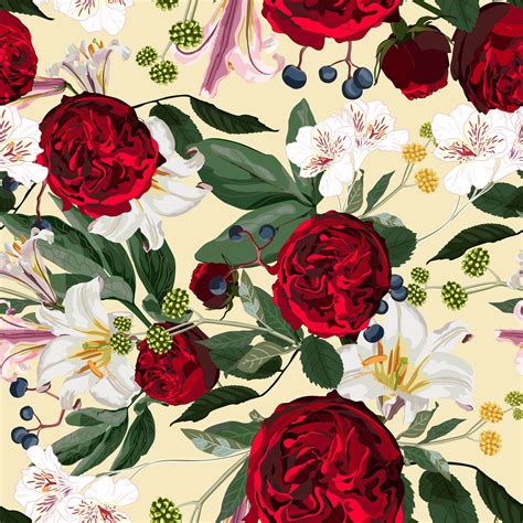 They're will give your work a stylish vintage touch. Seamless pattern with red peony, roses, lilies flowers and ...
