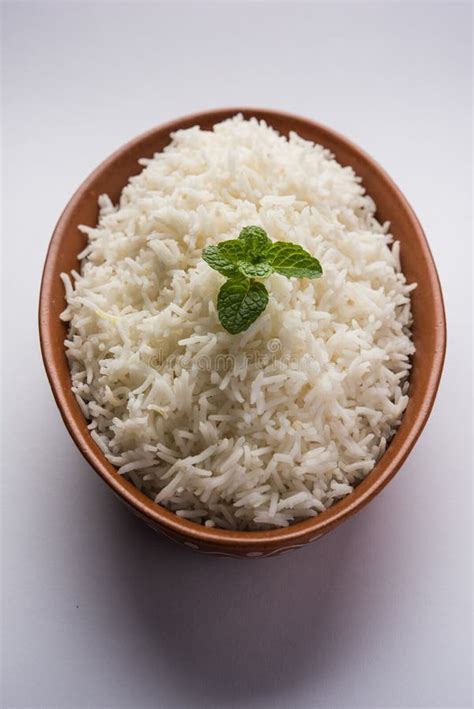Cooked Plain White Basmati Rice In Terracotta Bowl Selective Focus