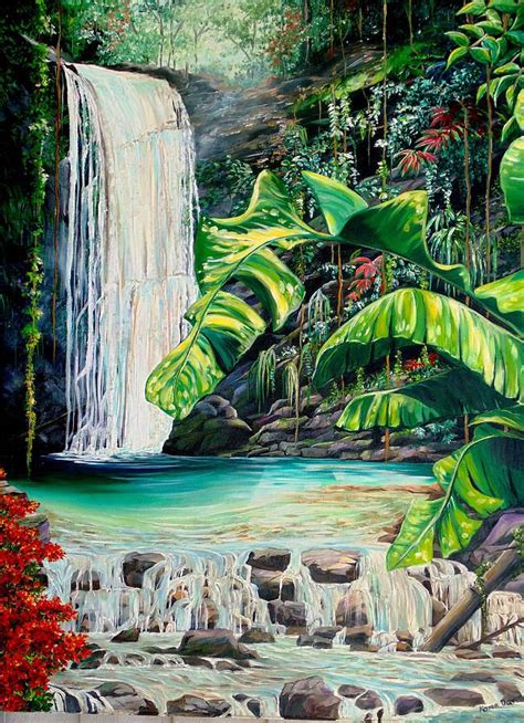 Waterfall Paintings Jungle Mural Caribbean Art