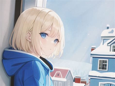 Download Wallpaper 1600x1200 Girl Hoodie Window Winter Anime