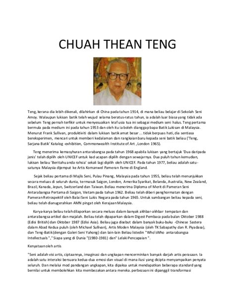 Chuah thean teng is known for portrait, figure, genre painting. Syed ahmad jamal