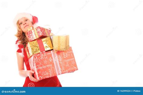 Miss Santa Is Carrying Too Many Presents Stock Photo Image Of Adult