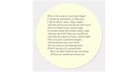 Sonnet 30 By William Shakespeare Classic Round Sticker Zazzle