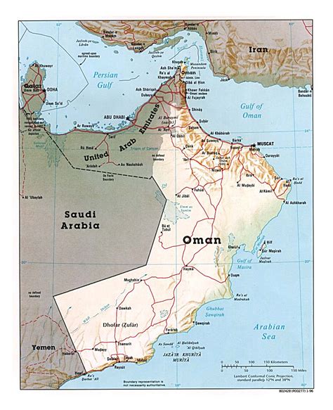 Detailed Political Map Of Oman With Relief Roads And Major Cities
