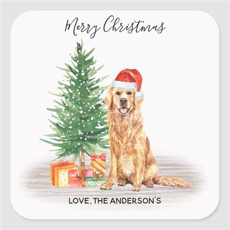 Golden Retriever Dog Santa Tree Merry Christmas Square Sticker Zazzle