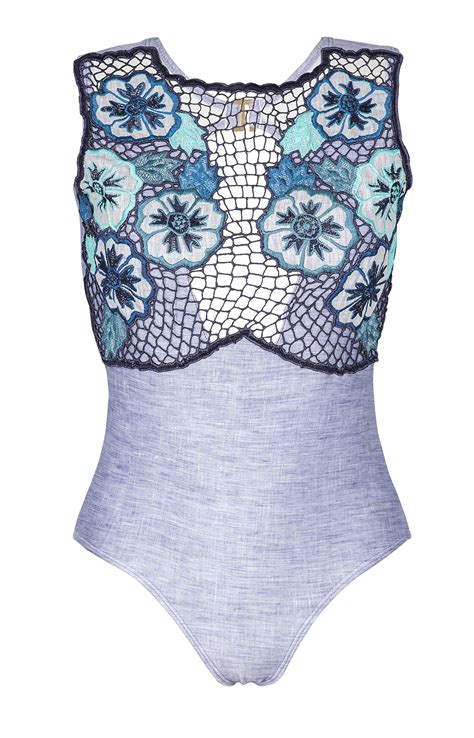 A Blue One Piece Swimsuit With Embroidered Openwork Richelieu