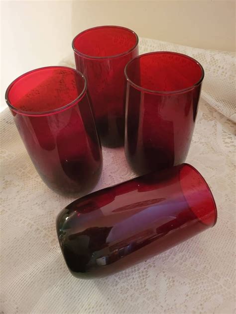 Vintage Set Of 4 Ruby Red Drinking Glasses Tumblers Etsy