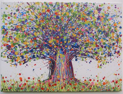 Abstract Green Oak Tree Painting On Landscape Canvas Deciduous Tree In