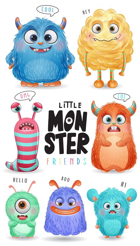 Cute Little Monsters Clipart With Watercolor Illustration