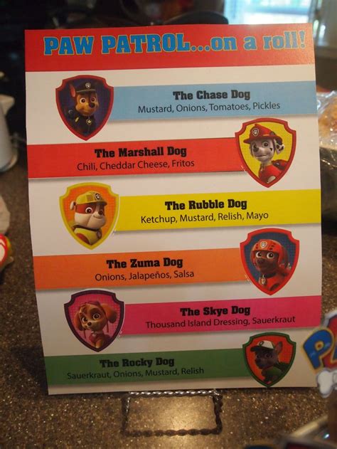 Paw Patrol Hot Dog Bar Menu