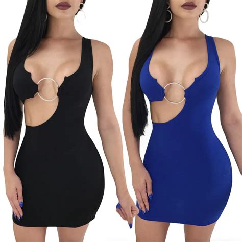 Summer Dress 2018 Solid Colour Black Blue Bodycon Party Dress Elegant See Through Dress Mini