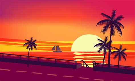 Sunset Ocean Evening Palm Trees Sea Shore Vector Illustration Isolated