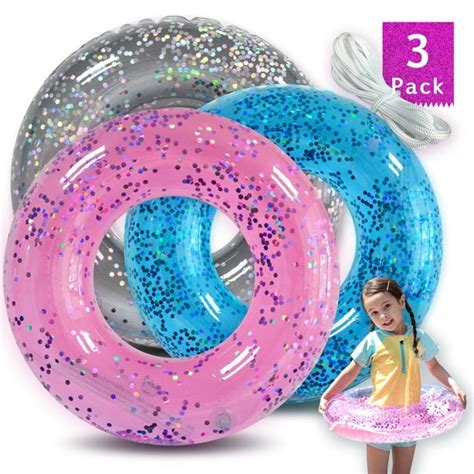 Animism Glitter Pool Tube 3pack With Pink Blue Sliver Inflatable Swim Ring Pool Toys For
