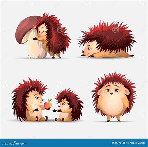 Vector Set Of Cute Cartoon Hedgehogs Apple And Mushroom Vector
