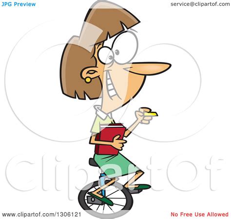 clipart of a cartoon happy brunette white female teacher riding a unicycle holding books and