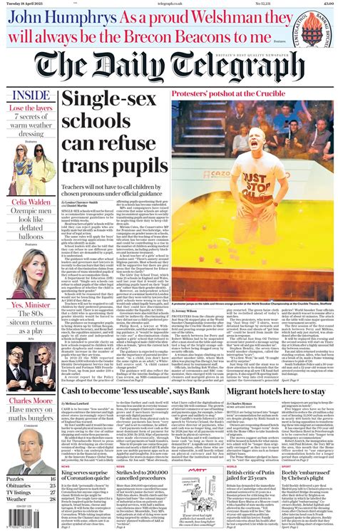 Daily Telegraph Front Page 18th Of April 2023 Tomorrows Papers Today