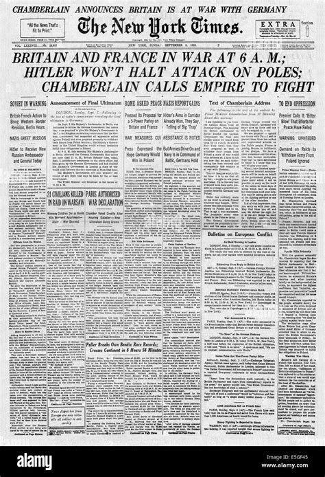 1939 new york times usa front page reporting the declaration of war on germany by britain and