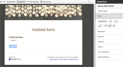 This will open an area where you can adjust items including the header image, fonts for the form, background, and more. Google Forms | Digital communications team blog