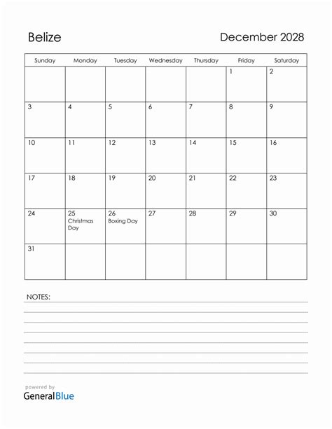 December 2028 Belize Calendar With Holidays