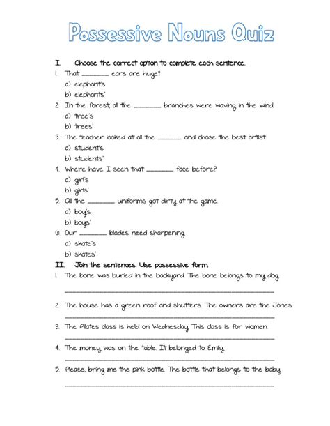 possessive nouns quiz worksheet
