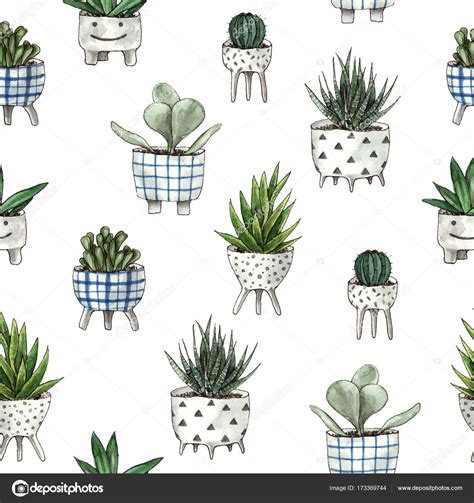 Watercolor Hand Painted Home Plants Pattern Stock Photo By