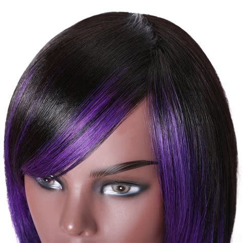 Sunber Highlight Purple Color Layered Bob Wigs With Side Bangs Straigh