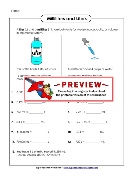 How many ml in 1 liter? Milliliters and Liters - Super Teacher Worksheets